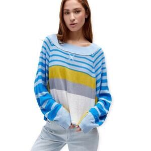 Free People Sz M Blue Block Party Linen Ctn Scoop Neck Batwing Sleeves Cropped